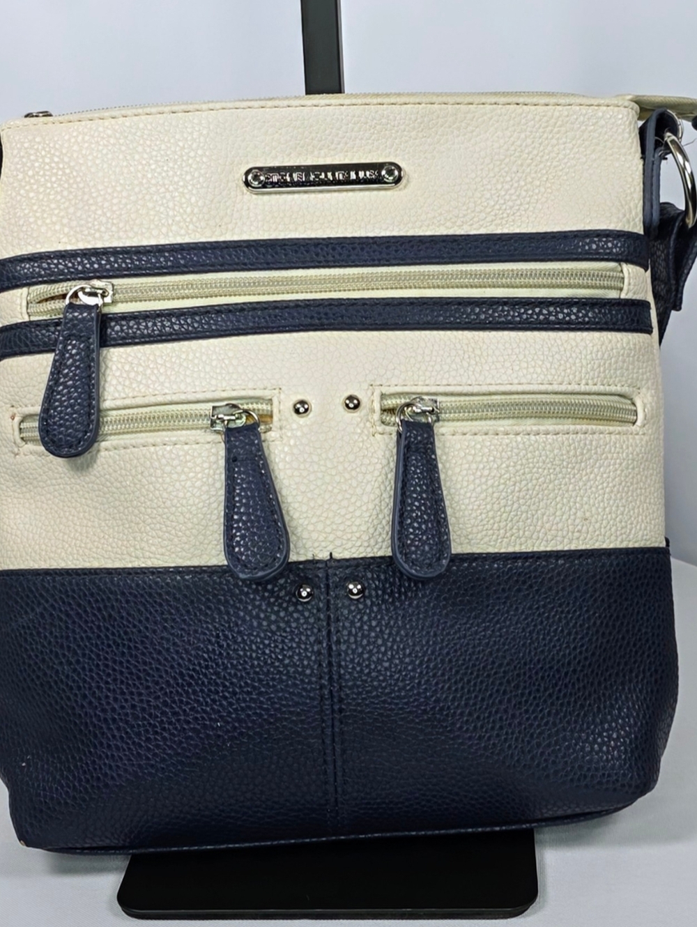 Stone Mountain Cream Navy Crossbody Bag Multi Zip Pebbled Leather